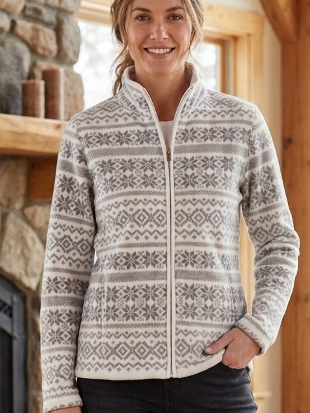 Karen Scott Fair Isle Fleece Jacket Full Zip Nordic Snowflake Gray White Medium